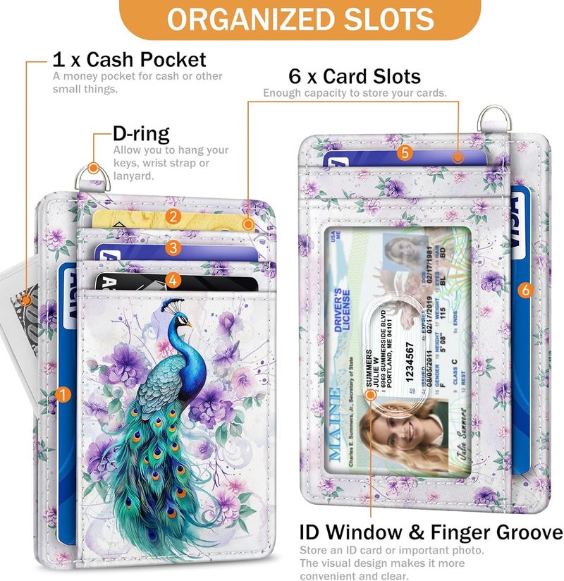 Yonlevres Peacock Credit Card Holder Slim Wallet, RFID Wallet Women Front Pocket Wristlet Lanyard, Small Card Holder Travel Funny Cute Thin ID Window PU Leather Case Organizer Gifts Girls - Image 4